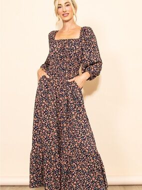 Elloh PinkBlush Maternity Floral Maxi Dress Small Navy Square Neck